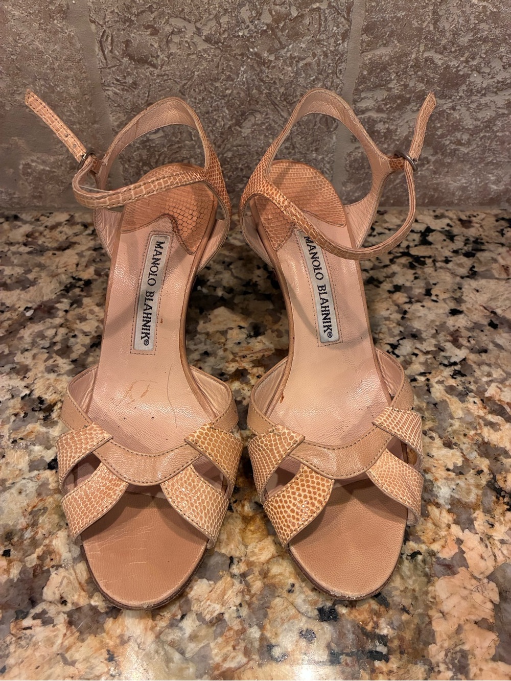 Vintage Manolo Blahnik Nude Tan Snakeskin Ankle-Strap Sandals 35.5